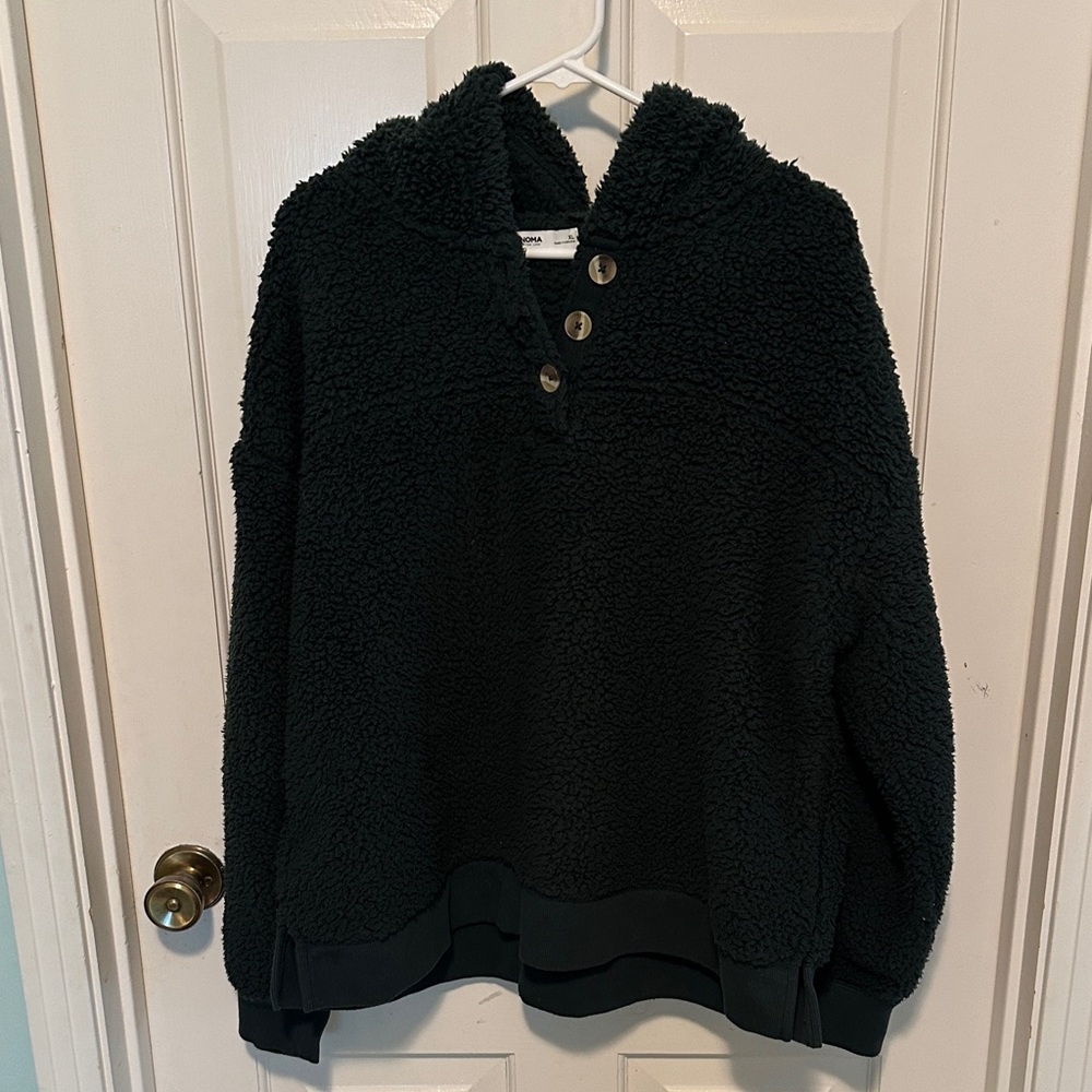 Cozy Dark Green Sherpa Pullover Hoodie with Button Placket